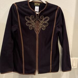 Vintage Bob Mackie Wearable Art Fleece Jacket Size XS Black Brown Embroidered